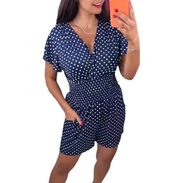 Polka Dot V-neck Short-sleeved One-piece Shorts - Image 5
