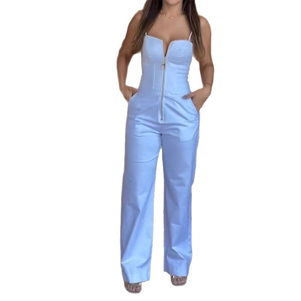 Summer Solid Color Sling Slim-fit Pocket Jumpsuit - Image 5