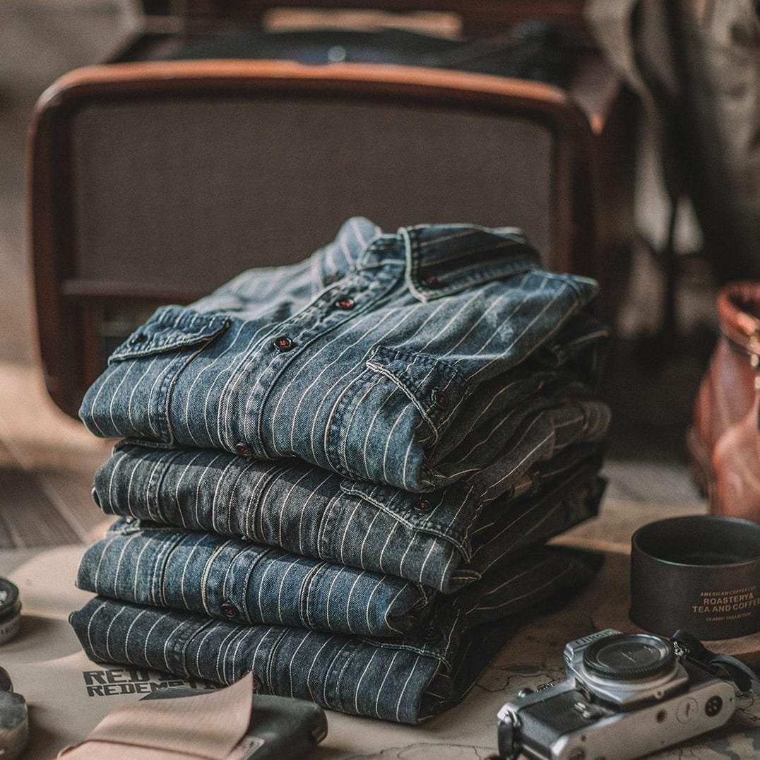 Vintage Vertical Stripes Denim Shirt Workwear Washed Old Long Sleeve Men - Image 2