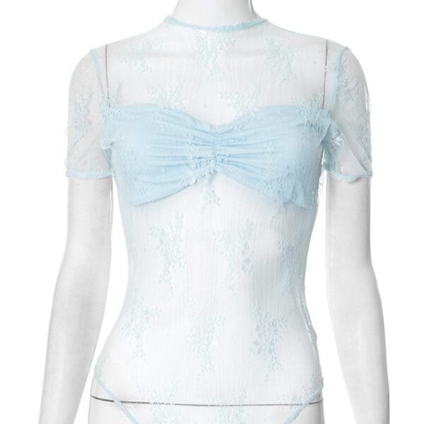 Jacquard Mesh See-through Pleated Slim Fit Short Sleeve Rompers - Image 5