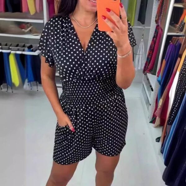 Polka Dot V-neck Short-sleeved One-piece Shorts - Image 4