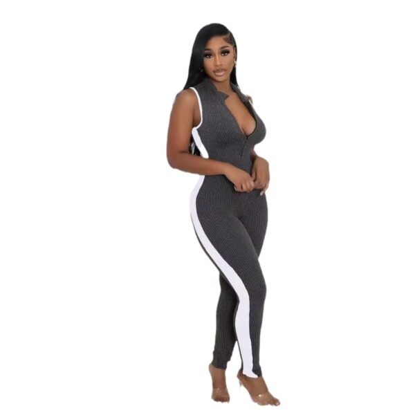 Fashion Zipper Stripe Stitching Jumpsuit - Image 5