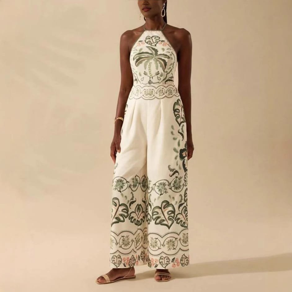 Women's Fashion Printed Sleeveless Halter Wide Leg Jumpsuit - Image 3