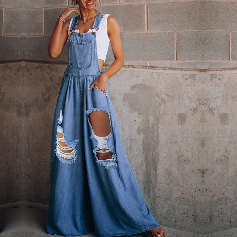 Women's Solid Color Casual Loose Hole Denim Suspender Pants - Image 3