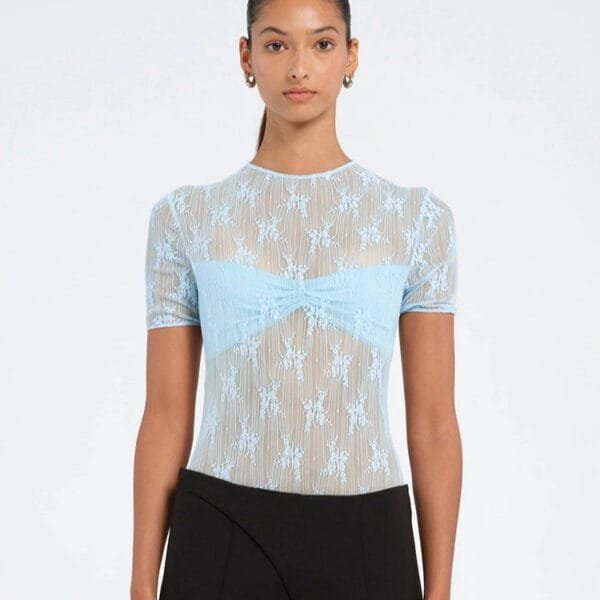 Jacquard Mesh See-through Pleated Slim Fit Short Sleeve Rompers - Image 3