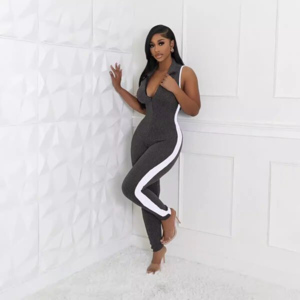 Fashion Zipper Stripe Stitching Jumpsuit - Image 3