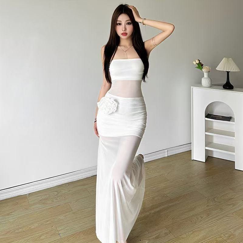 Three-dimensional Rose Mesh Stitching Tube Top Dress - Image 2