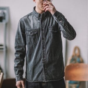 Vintage Vertical Stripes Denim Shirt Workwear Washed Old Long Sleeve Men