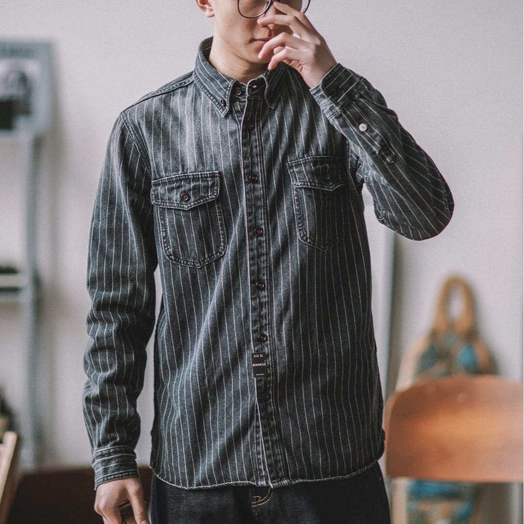 Vintage Vertical Stripes Denim Shirt Workwear Washed Old Long Sleeve Men