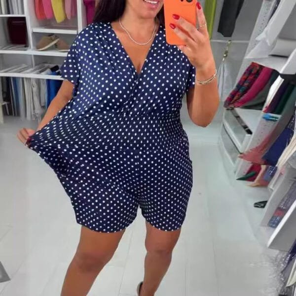 Polka Dot V-neck Short-sleeved One-piece Shorts - Image 2