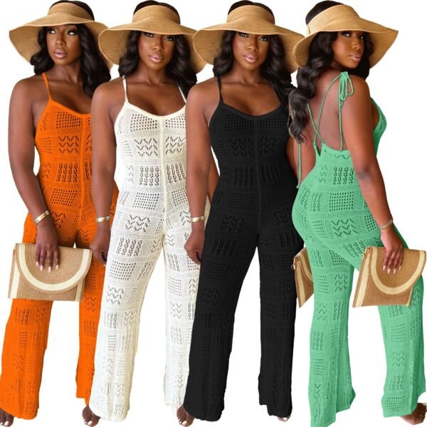 Woolen Knitted Sexy Sling Geometric Hollow-out Jumpsuit - Image 2