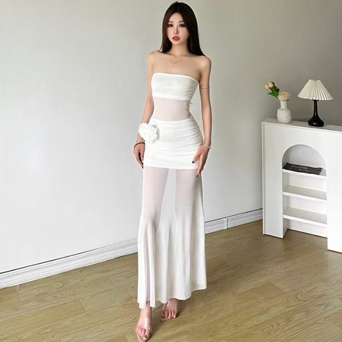 Three-dimensional Rose Mesh Stitching Tube Top Dress - Image 4