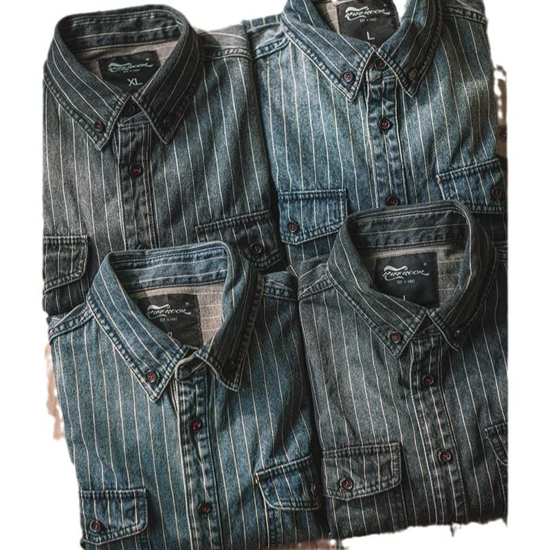 Vintage Vertical Stripes Denim Shirt Workwear Washed Old Long Sleeve Men - Image 5