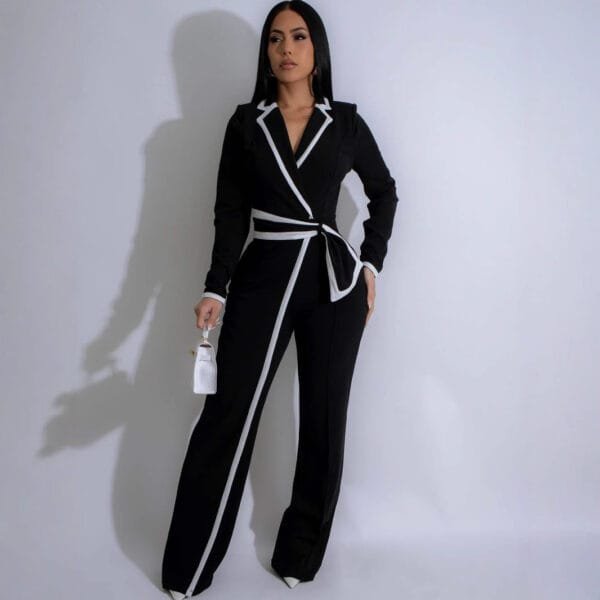 Fashion Belt Design Dual-color Patchwork Long Sleeve Jumpsuit - Image 4