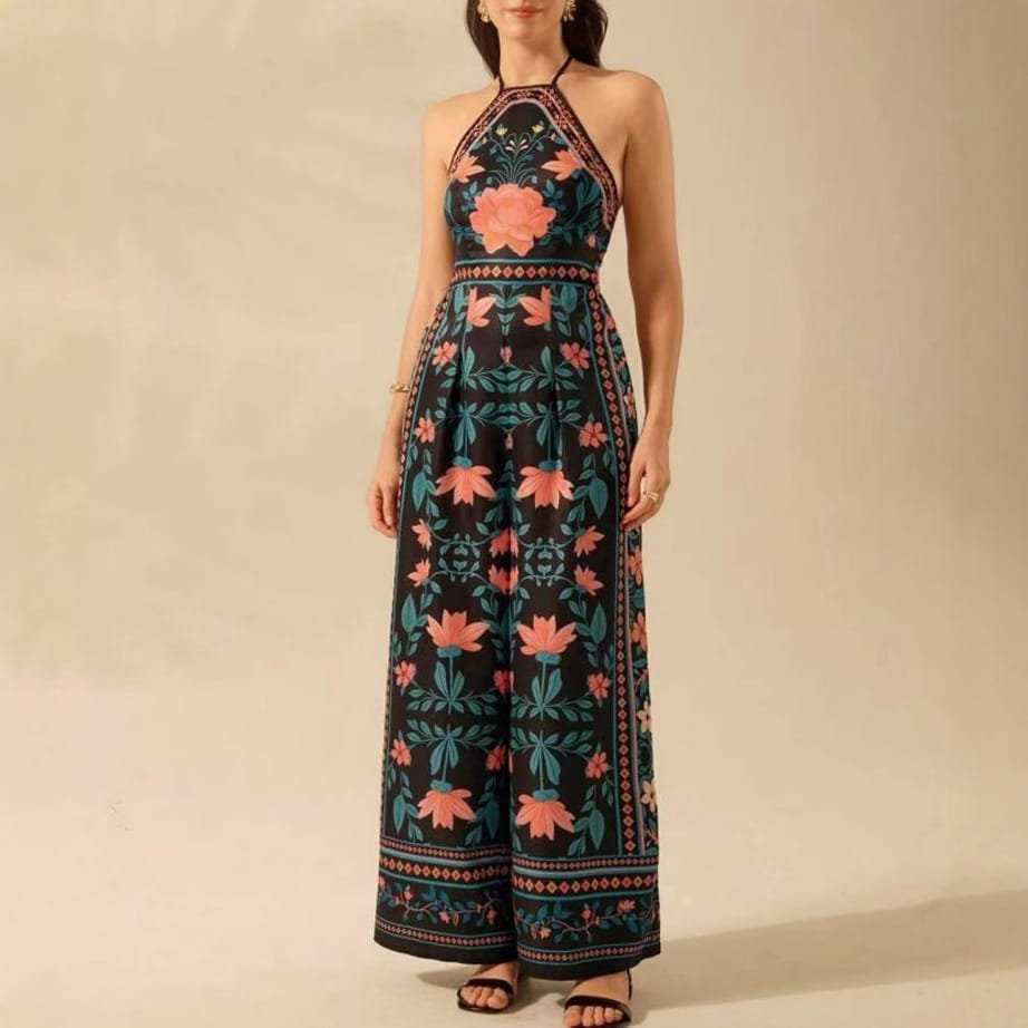 Women's Fashion Printed Sleeveless Halter Wide Leg Jumpsuit - Image 4