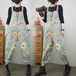 Spring Vintage Loose Denim Suspender Pants