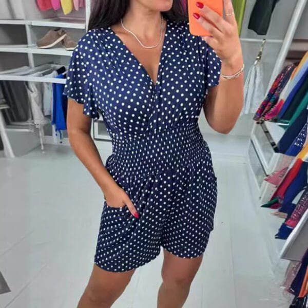 Polka Dot V-neck Short-sleeved One-piece Shorts - Image 3
