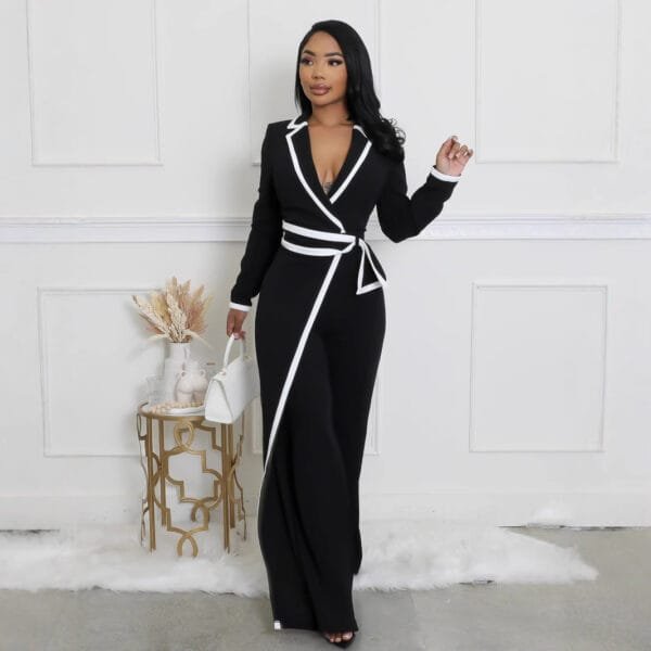 Fashion Belt Design Dual-color Patchwork Long Sleeve Jumpsuit - Image 2
