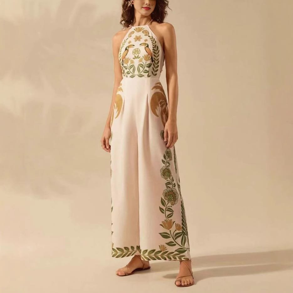 Women's Fashion Printed Sleeveless Halter Wide Leg Jumpsuit - Image 2