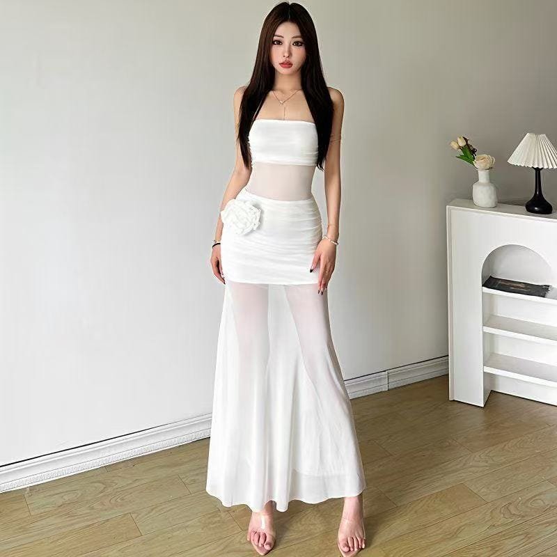 Three-dimensional Rose Mesh Stitching Tube Top Dress - Image 3