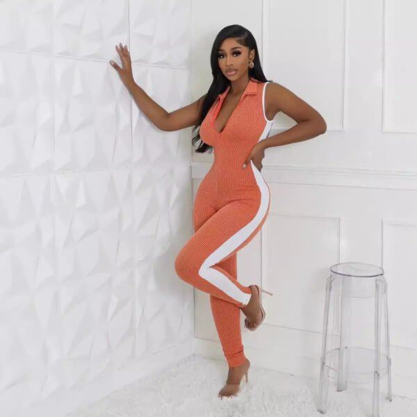 Fashion Zipper Stripe Stitching Jumpsuit - Image 4