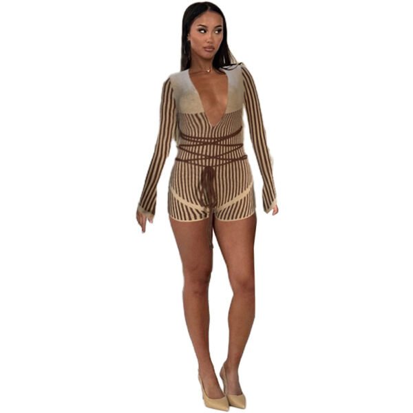 Deep V Knitted Striped Contrast Color Jumpsuit - Image 4