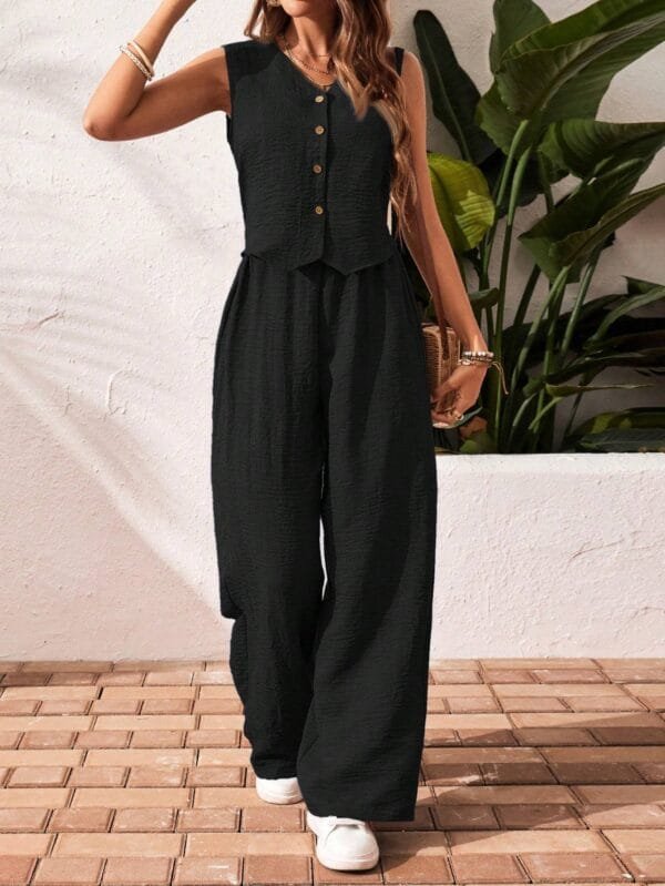 Women's Solid Color Front Button Sleeveless Blouse And Long Pants Casual Suit Set - Image 3