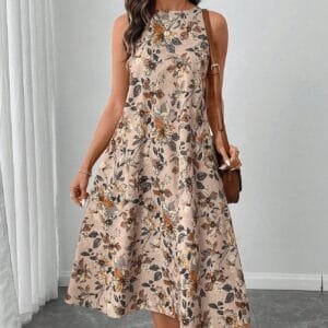 Round Neck Sleeveless Flared Hem Retro Floral Print Casual Elegant Midi Dress