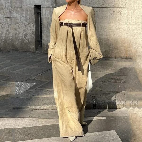 Women's Summer Fashion Raglan Collar Waist Solid Color Wide Leg Jumpsuit