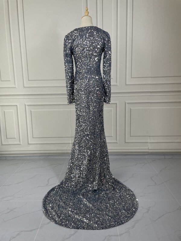 Grey Long Sleeve Sequin Evening Dress - Image 4