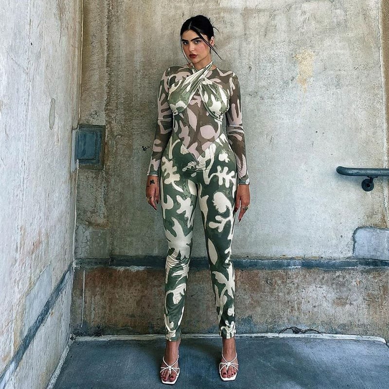 Fashion Women's Printed Halterneck Smocked Jumpsuit