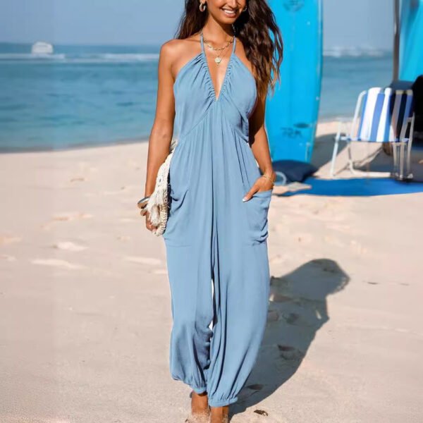 Back Lace-up Wide Leg Beam Foot Length Jumpsuit - Image 3