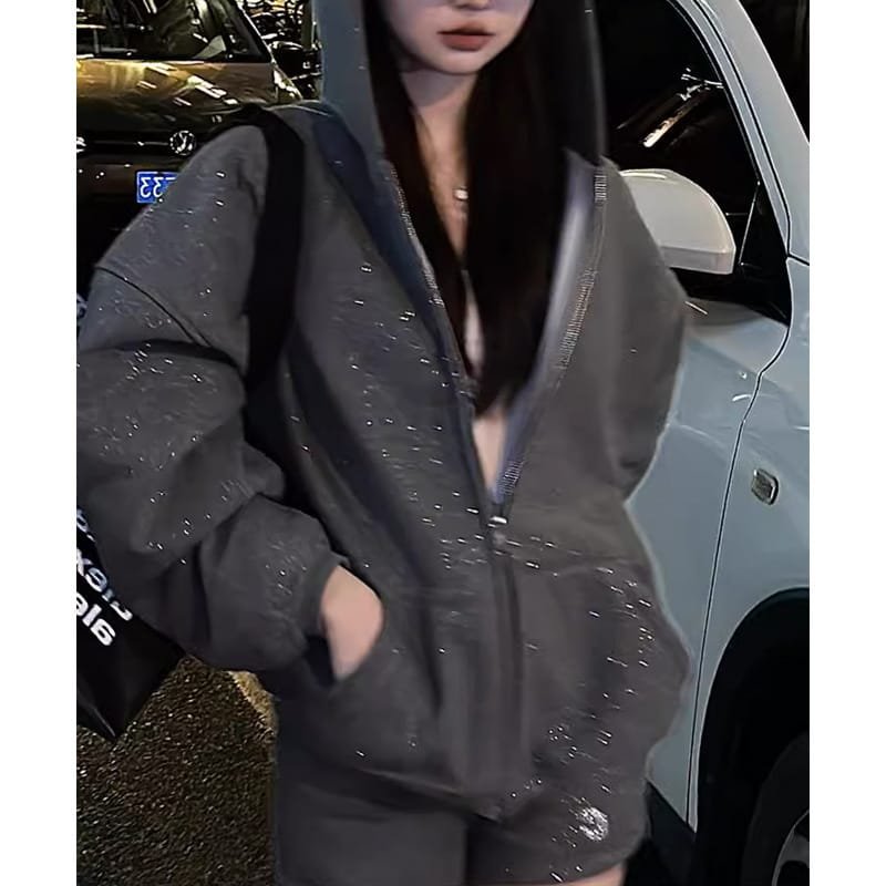 Gray Galaxy Thin And Glittering Hooded Fleece-lined Sweater - Image 5