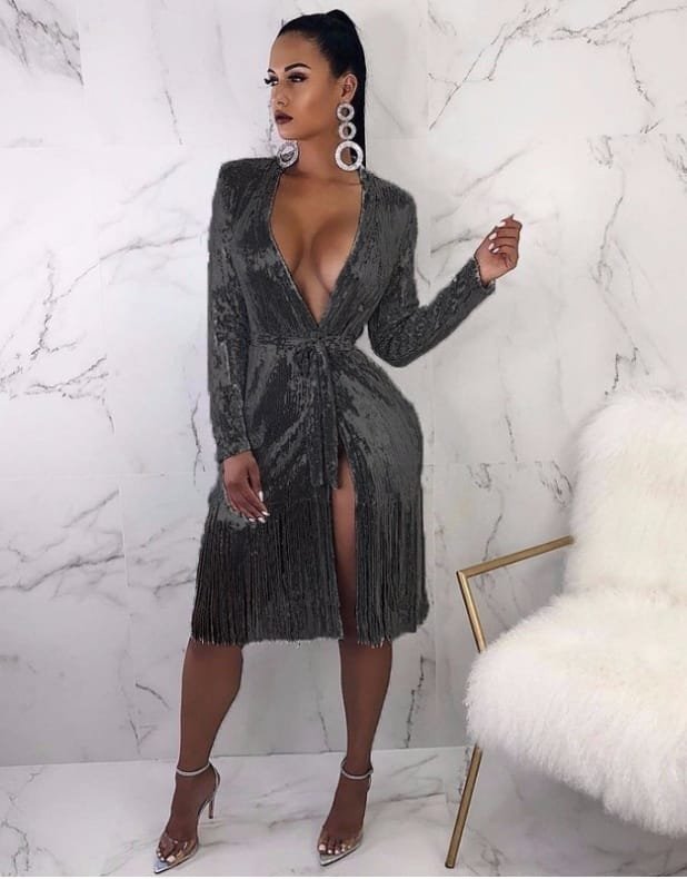 Deep V-neck Shiny Lace-up Long-sleeved Sexy Split Fringe Dress - Image 4