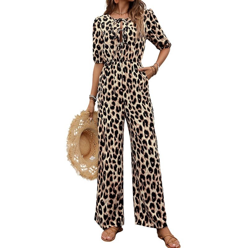 European And American Jumpsuit Tied High Waist Leopard Print One-piece Trousers - Image 5