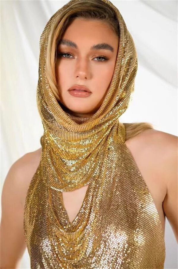 Back Slit Metal Sequins Top Scarf Two-piece Set - Image 9
