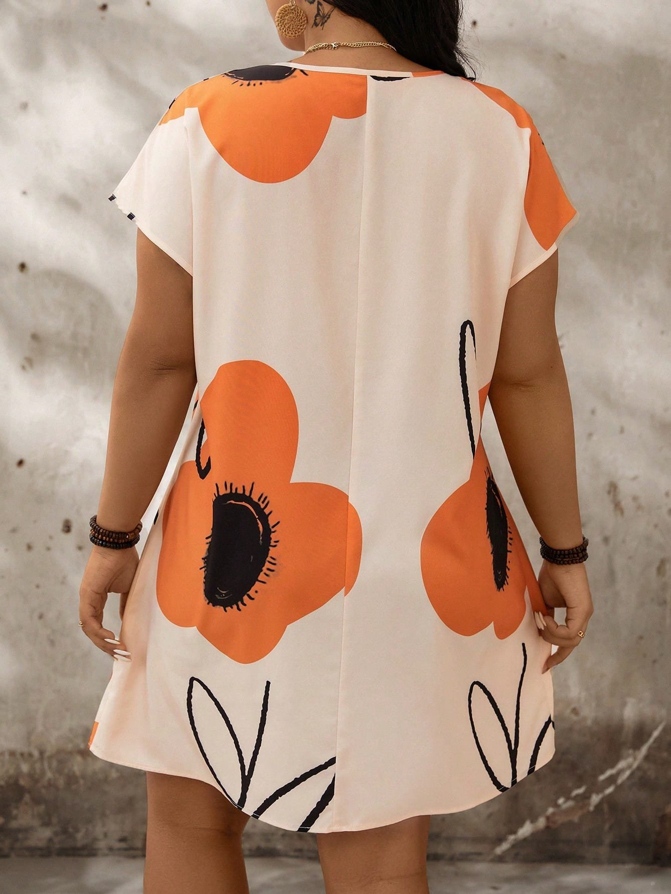 Plus Size Floral Print Notch Neck Batwing Sleeve Summer Dress - Image 5