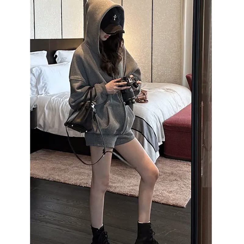 Gray Galaxy Thin And Glittering Hooded Fleece-lined Sweater - Image 2