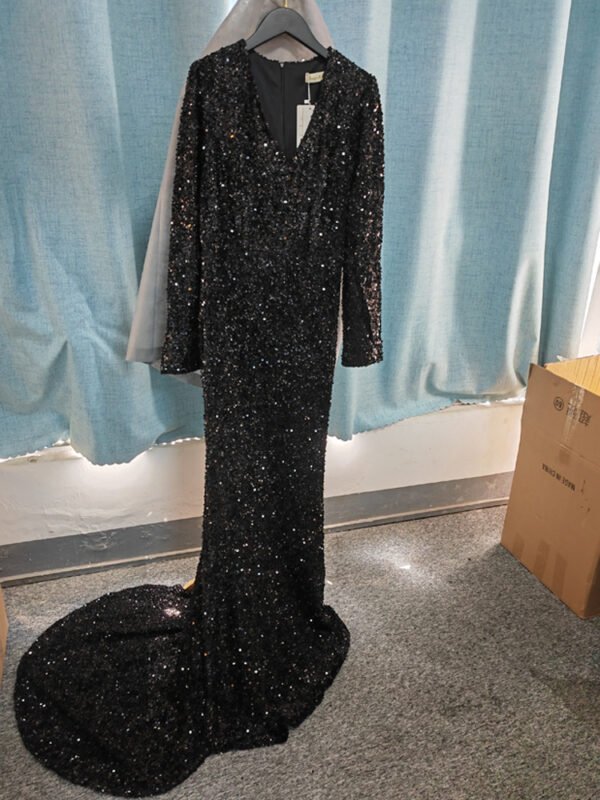 Grey Long Sleeve Sequin Evening Dress - Image 5