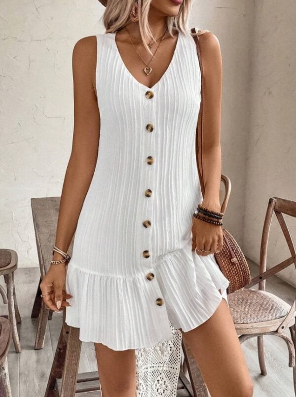 Women's Summer Sleeveless Ruffle Decor Casual Dress With Front Button - Image 2