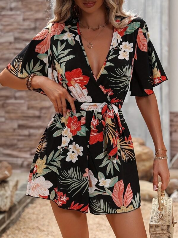 Beach Vacation Ruffle Sleeve Short Culottes Printed Jumpsuit - Image 8
