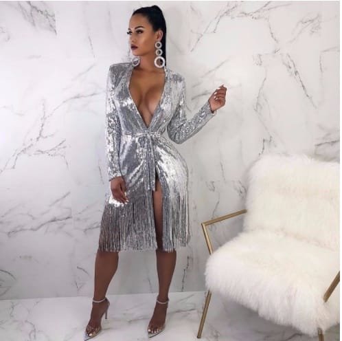 Deep V-neck Shiny Lace-up Long-sleeved Sexy Split Fringe Dress - Image 3