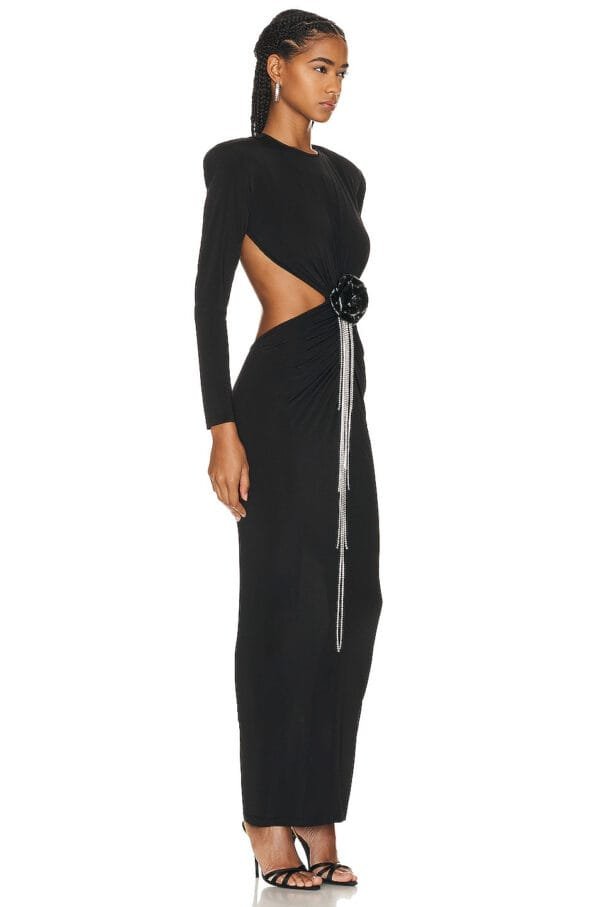 Sexy Backless Black Long Sleeve Hollow Flower Tassel Decoration Dress - Image 4