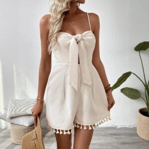 Fringe Knotted Texture Waffle Suspender Jumpsuit Shorts