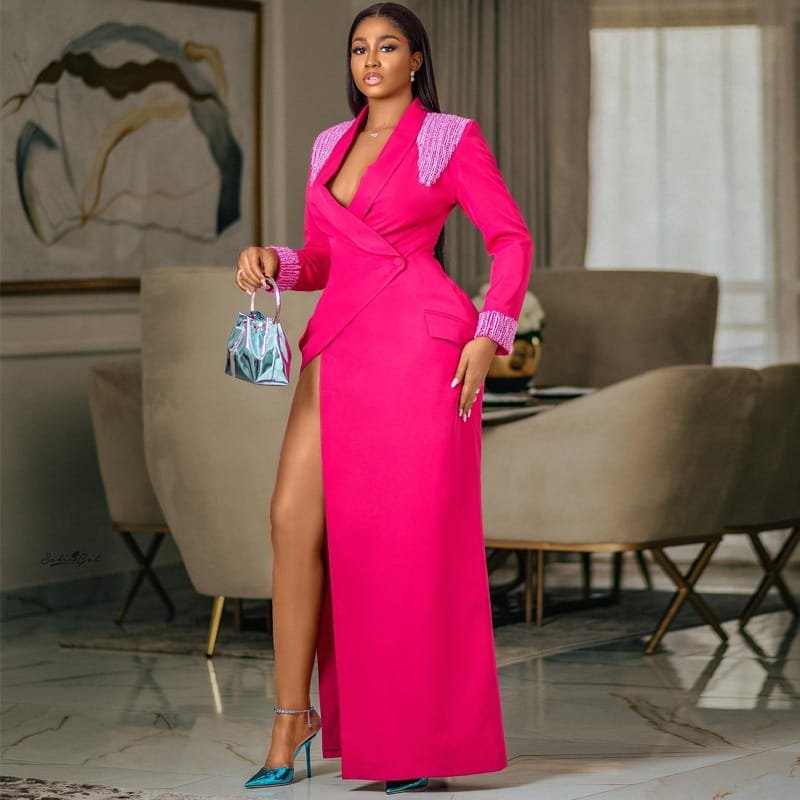 Rose Red Suit Collar Deep V Split High Waist Dress - Image 2