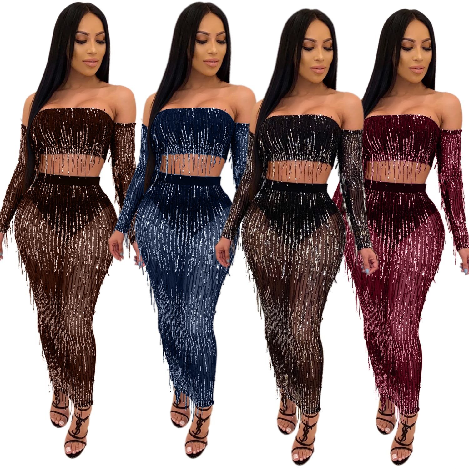 Fashion Sexy See-through Mesh Sequins Tassel Two-piece Set - Image 2