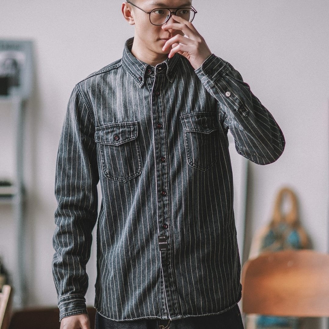 Vintage Vertical Stripes Denim Shirt Workwear Washed Old Long Sleeve Men - Image 7