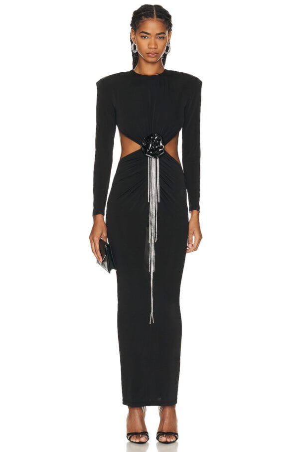 Sexy Backless Black Long Sleeve Hollow Flower Tassel Decoration Dress - Image 2