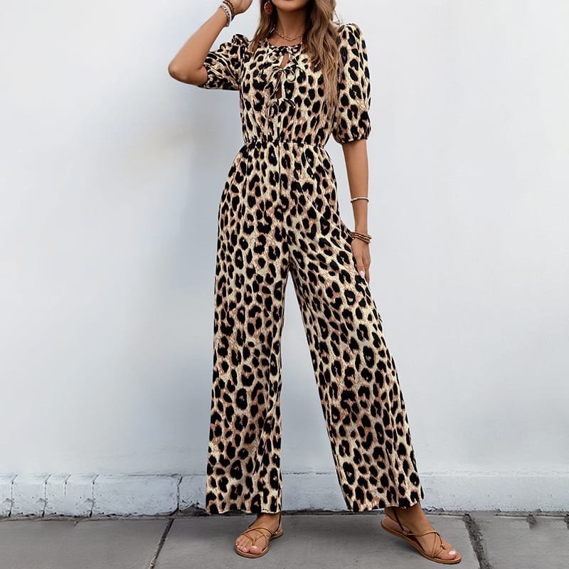 European And American Jumpsuit Tied High Waist Leopard Print One-piece Trousers - Image 2