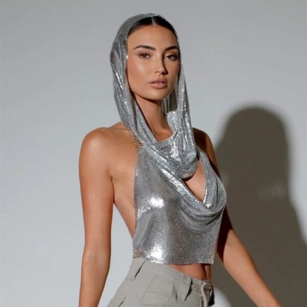 Back Slit Metal Sequins Top Scarf Two-piece Set - Image 4